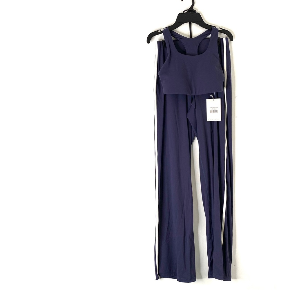 Wilo The Label 2Pc Bra Wide Leg Legging Coord Set NWT White Piping Navy Blue